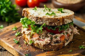 Tuna sandwich with lettuce and tomato on multigrain bread