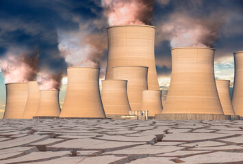 Chimneys of thermal power plant on desert 