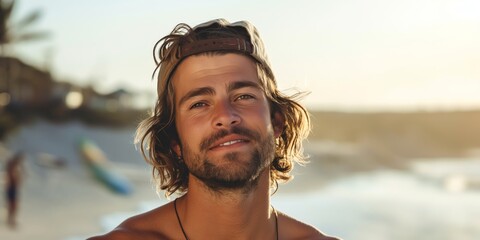 Handsome young man with a backward cap smiling gently with a beach and surfers in the background