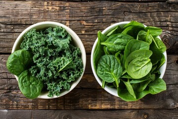 Two bowls one with spinach and one with kale on wooden background top view