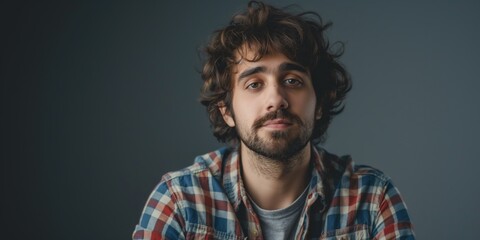 Studio portrait of a brooding young man with disheveled hair and a checkered shirt