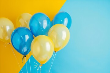 Bunch of blue and yellow balloons on blue and yellow background