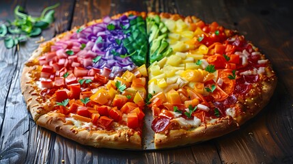 A detailed HD image of a DIY Pride pizza with toppings arranged to create a rainbow across the slices, ready to be served at a family-friendly Pride gathering.