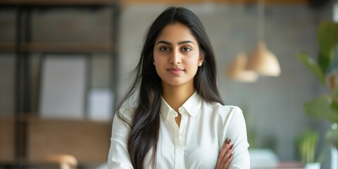 Professional woman in white blouse with crossed arms in an office environment