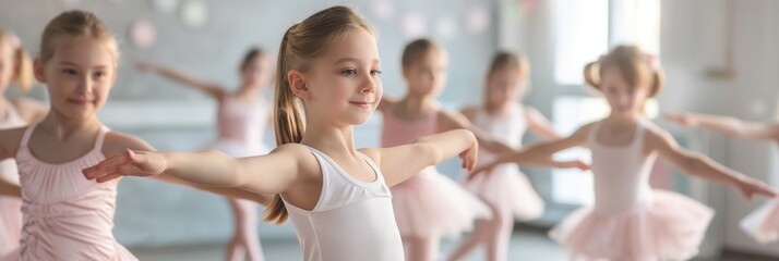 Panoramic view of young girls practicing ballet in a dance studio with instructor