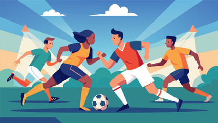 In a blur of speed and skill players from both teams tussle for the ball determined to come out on top.. Vector illustration