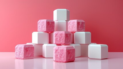 Boxes in the shape of a hexagon of different sizes, arranged on top of each other, with one flat box in the shape of a circle in the middle, all of them are located on a pink surface, pastel aesthetic