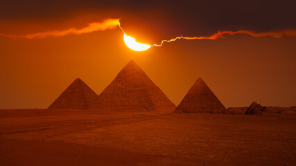 Giza Pyramid Complex at amazing sunset - Cairo, Egypt