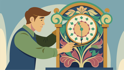 A treasure from the past a rare art nouveau clock with intricate enamel designs is carefully dismantled and repaired by a skilled craftsman.. Vector illustration