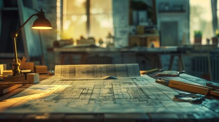 Obraz premium Blueprints Laid Out on the Worktable During the Ongoing Renovation