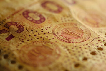 A close up of a yellow and red bill with the number 100 on it