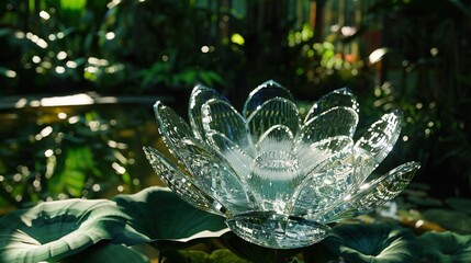 a flower-shaped glass artwork, intricately designed and set against a background of lush greenery, creating a harmonious blend of nature and craftsmanship.