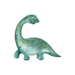 Watercolor green dinosaur illustration for kids, cute branchiosaurus