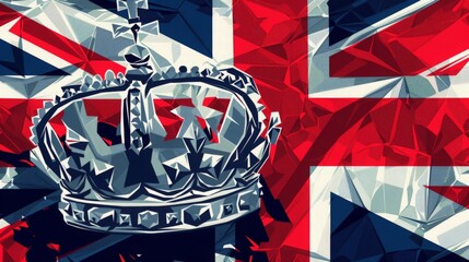 Graphic design of a simple British crown embedded in an abstract geometric flag background.