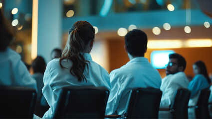 Portrait of a young doctor teaching on a seminar in a board room or during an educational class at convention center