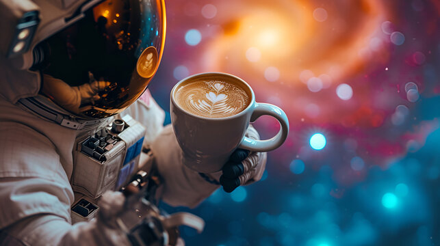 An astronaut holds a cup filled with coffee while floating in outer space