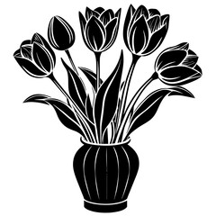 Tulips flower on the vase silhouette vector illustration on a white background.