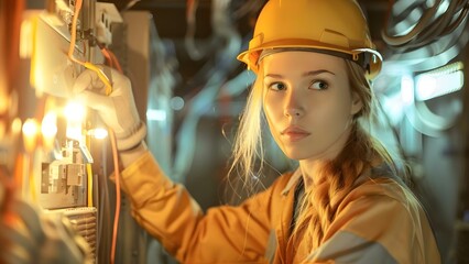 A woman electrician fixing an electrical panel in a dimly lit room. Concept Electrical work, Tradeswoman, Professional photo shoot, Home repairs, Dimly lit room