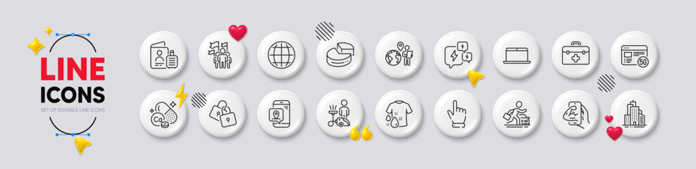 Locks, Cursor and First aid line icons. White buttons 3d icons. Pack of Outsource work, Leadership, Car rental icon. Stress, Globe, Laptop pictogram. Cleaning, 5g internet, Wash t-shirt. Vector