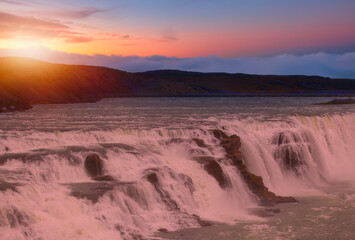 Panoramic view of Gullfoss waterfall on the Hvíta river, a popular tourist attraction and part of...
