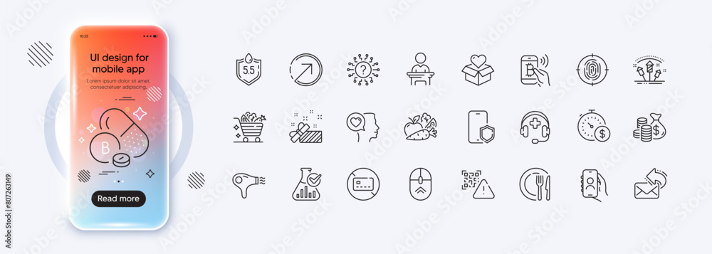 Wall mural Bitcoin pay, Vegetables and Fireworks rocket line icons for web app. Phone mockup gradient screen. Pack of Boron mineral, Last minute, Donation pictogram icons. Vector