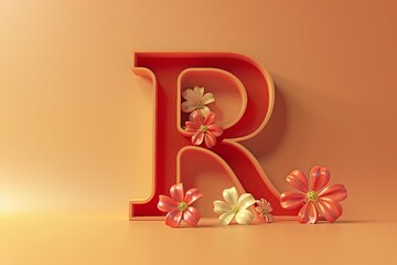 3D Render Letter R with Engraved Flowers on Orange Background