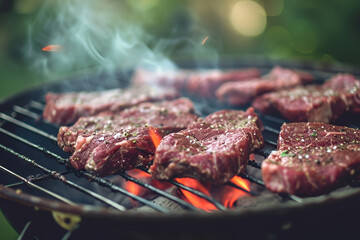 Delicious grilled meat being grilled on charcoal at a barbecue on a picnic