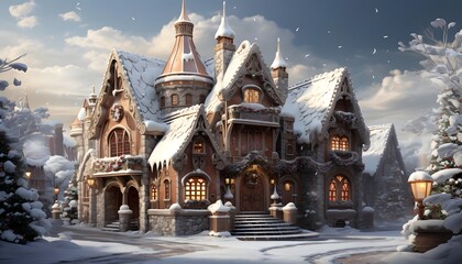Merry Christmas and Happy New Year! Panorama of a wooden house in the snow.