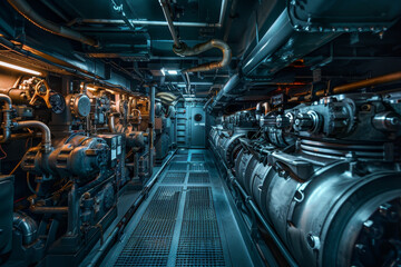 A large industrial space with many pipes and valves