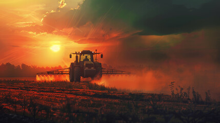 Fototapeta premium A tractor is driving through a field of tall grass