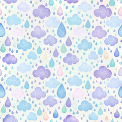 Whimsical Cloud Patterns with Pastel Raindrops in Lavender and Sky Blue