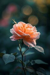 Piękna róża koloru pomarańczowego. W tle bokeh