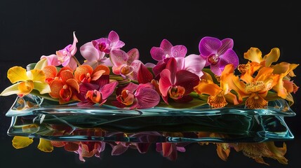a glass serving tray adorned with a cascade of tropical orchids, their vibrant hues creating a stunning visual feast.