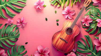 Acoustic guitar among vibrant tropical flowers