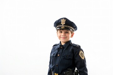 Cute little boy dressed as a police officer isolated on white background