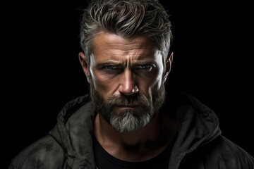 Fototapeta premium Despise. Angry and grumy Caucasian gray-haired bearded man extremely sulking, furrow eyebrows and staring with anger and contempt, boiling from furious emotions, standing over black background