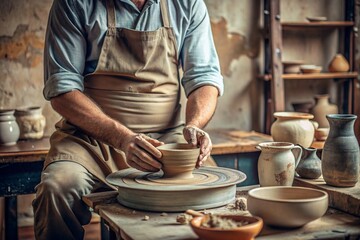 The hands of a master potter in a pottery workshop making dishes. Manufacture of clay and ceramic dishes. The potter's hands create a jug on a potter's wheel.