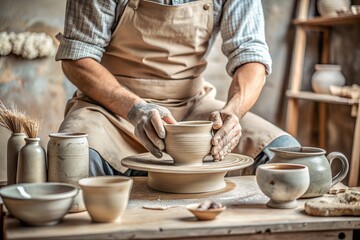 The hands of a master potter in a pottery workshop making dishes. Manufacture of clay and ceramic dishes. The potter's hands create a jug on a potter's wheel.