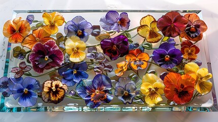 a glass tray with a mosaic of vibrant pansies, creating a lively and colorful serving experience.