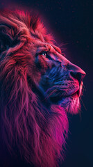 A lion with a purple mane and a blue face
