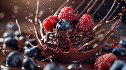 Liquid chocolate with raspberries and blueberries