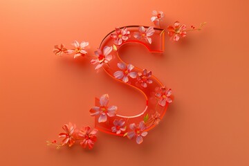 3D Render Letter S with Engraved Flowers on Orange Background