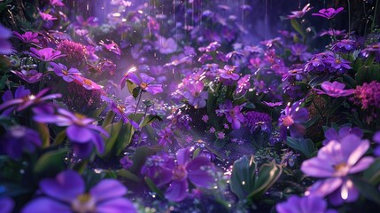 A hyper-realistic rendering of a 3D violet garden, each tiny blossom showcased in intricate detail and vibrant colors.