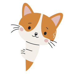 Cute ginger kitten peeking out from behind a banner. Flat vector illustration on white background, space for your text . Vector illustration