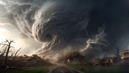 A swirling vortex of destruction, tearing through the landscape with ferocious power. Rendered in a realistic style, capturing the chaos and devastation of a tornado.