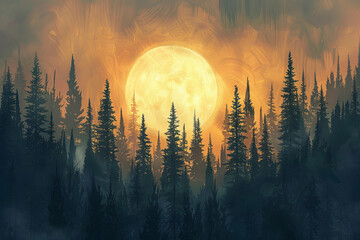 A large yellow moon is in the sky above a forest of trees