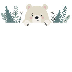 Cute white bear peeking out from behind a banner, green plants and flowers on background. Flat vector illustration on white background, space for your text . Vector illustration