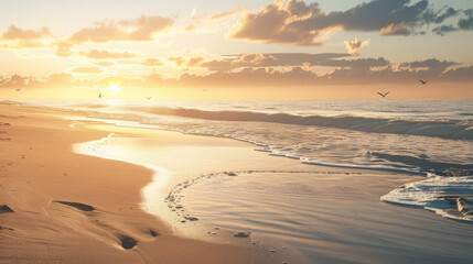 The beach is empty and the sun is setting