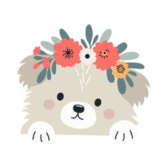 Cute bologna dog peeking out from behind banner, floral wreath on head. Flat vector illustration on white background . Vector illustration
