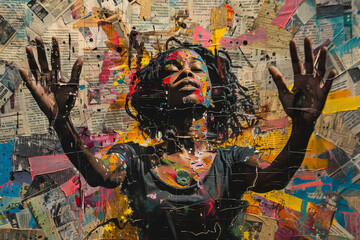 Fototapeta premium A woman with colorful hair and a black shirt is reaching out with her hands